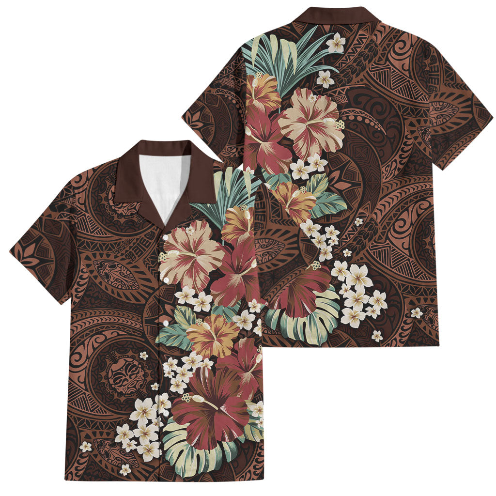Kanoa Hawai'i Hibiscus Family Matching Off Shoulder Maxi Dress and Hawaiian Shirt Polynesian Tribal Tattoo Pattern Floral Elements LT9 Dad's Shirt - Short Sleeve Brown - Polynesian Pride