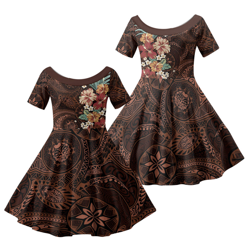 Kanoa Hawai'i Hibiscus Family Matching Off Shoulder Maxi Dress and Hawaiian Shirt Polynesian Tribal Tattoo Pattern Floral Elements LT9 Daughter's Dress Brown - Polynesian Pride