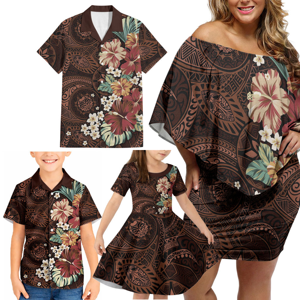 Kanoa Hawai'i Hibiscus Family Matching Off Shoulder Short Dress and Hawaiian Shirt Polynesian Tribal Tattoo Pattern Floral Elements LT9 - Polynesian Pride