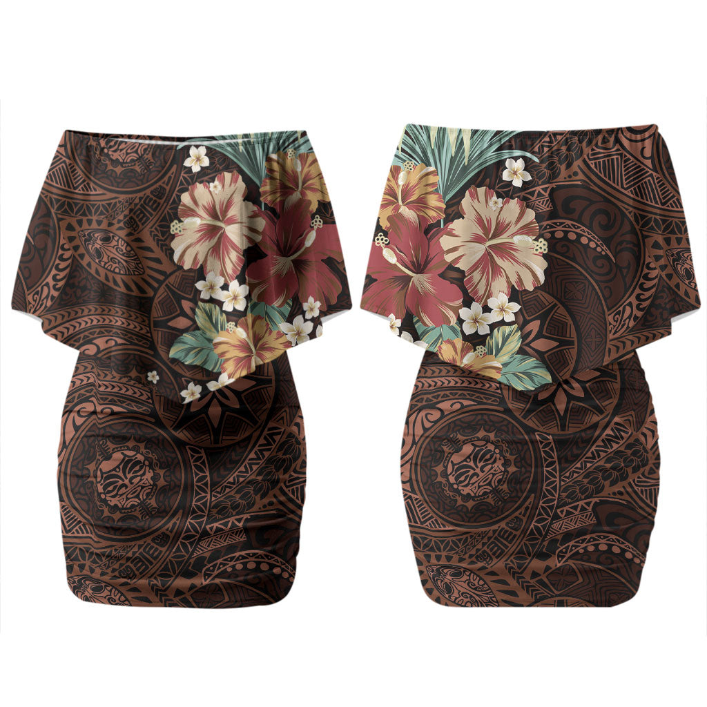 Kanoa Hawai'i Hibiscus Family Matching Off Shoulder Short Dress and Hawaiian Shirt Polynesian Tribal Tattoo Pattern Floral Elements LT9 Mom's Dress Brown - Polynesian Pride