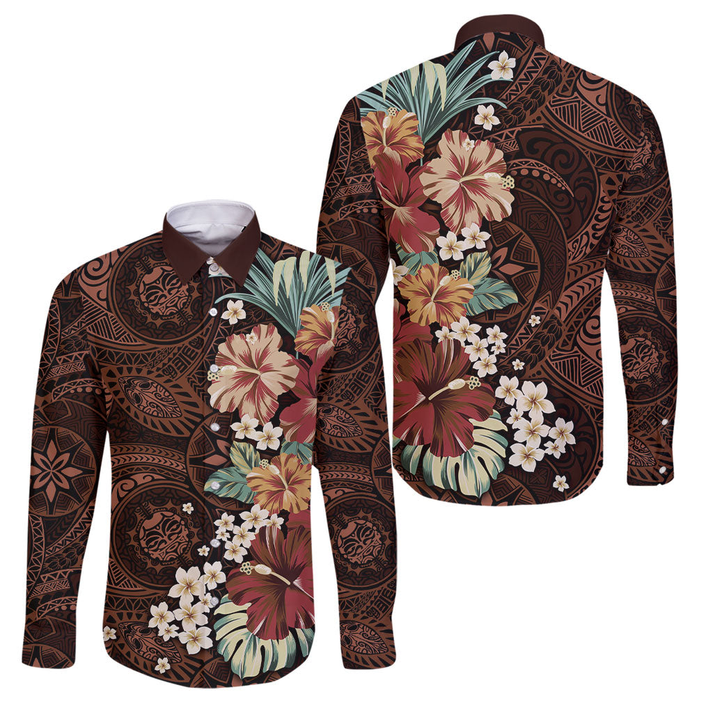 Kanoa Hawai'i Hibiscus Family Matching Off Shoulder Short Dress and Hawaiian Shirt Polynesian Tribal Tattoo Pattern Floral Elements LT9 Dad's Shirt - Long Sleeve Brown - Polynesian Pride
