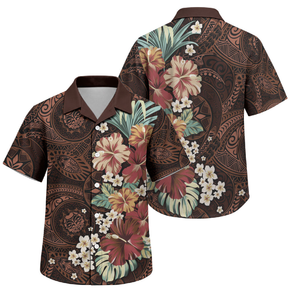 Kanoa Hawai'i Hibiscus Family Matching Off Shoulder Short Dress and Hawaiian Shirt Polynesian Tribal Tattoo Pattern Floral Elements LT9 Son's Shirt Brown - Polynesian Pride