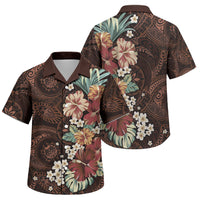Kanoa Hawai'i Hibiscus Family Matching Off Shoulder Short Dress and Hawaiian Shirt Polynesian Tribal Tattoo Pattern Floral Elements LT9 Son's Shirt Brown - Polynesian Pride