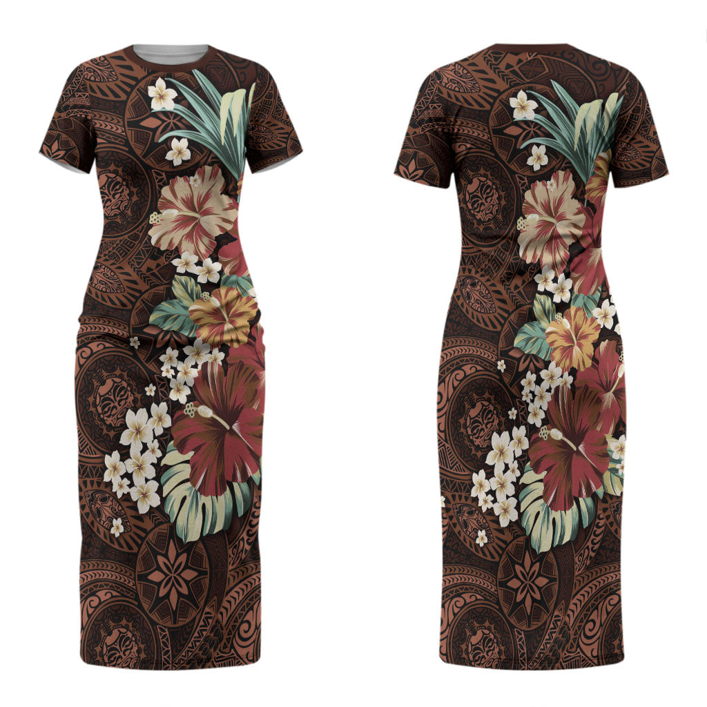 Kanoa Hawai'i Hibiscus Family Matching Short Sleeve Bodycon Dress and Hawaiian Shirt Polynesian Tribal Tattoo Pattern Floral Elements LT9 Mom's Dress Brown - Polynesian Pride