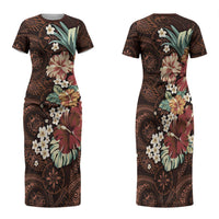 Kanoa Hawai'i Hibiscus Family Matching Short Sleeve Bodycon Dress and Hawaiian Shirt Polynesian Tribal Tattoo Pattern Floral Elements LT9 Mom's Dress Brown - Polynesian Pride