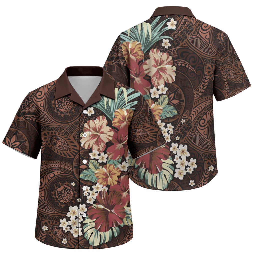 Kanoa Hawai'i Hibiscus Family Matching Short Sleeve Bodycon Dress and Hawaiian Shirt Polynesian Tribal Tattoo Pattern Floral Elements LT9 Son's Shirt Brown - Polynesian Pride