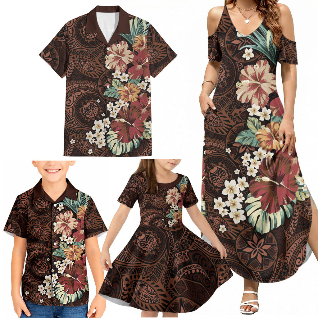Kanoa Hawai'i Hibiscus Family Matching Summer Maxi Dress and Hawaiian Shirt Polynesian Tribal Tattoo Pattern Floral Elements LT9 - Polynesian Pride