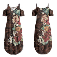 Kanoa Hawai'i Hibiscus Family Matching Summer Maxi Dress and Hawaiian Shirt Polynesian Tribal Tattoo Pattern Floral Elements