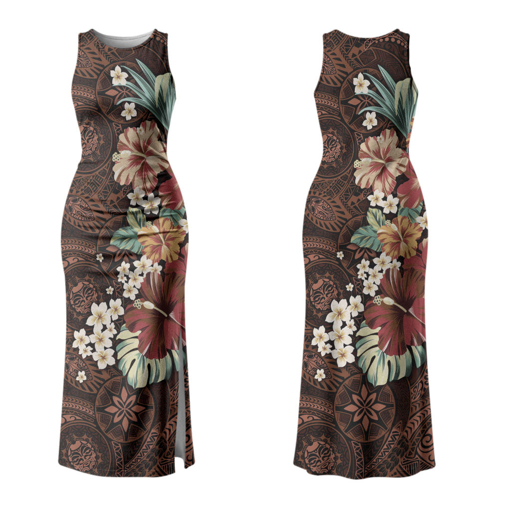 Kanoa Hawai'i Hibiscus Family Matching Tank Maxi Dress and Hawaiian Shirt Polynesian Tribal Tattoo Pattern Floral Elements LT9 Mom's Dress Brown - Polynesian Pride