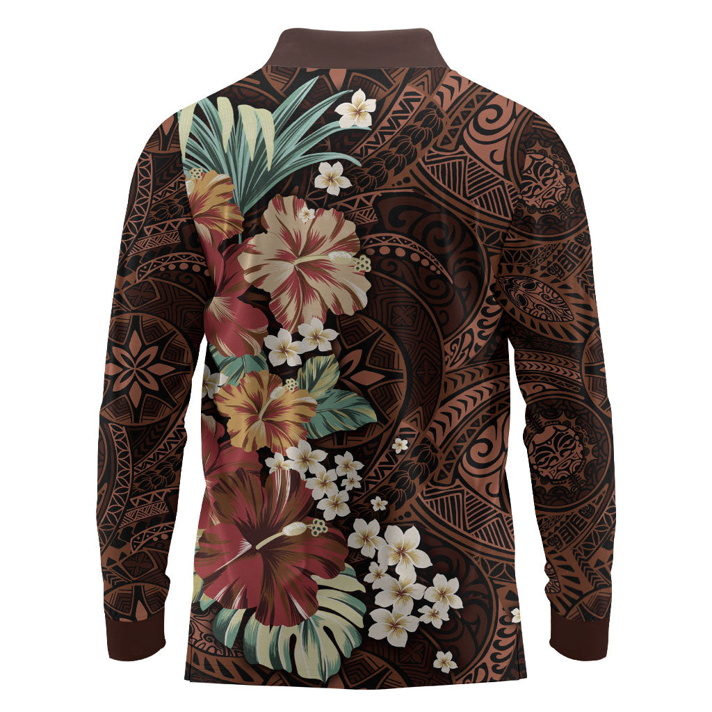 Kanoa Hawai'i Hibiscus Long Sleeve Polo Shirt Polynesian Tribal Tattoo Pattern Floral Elements