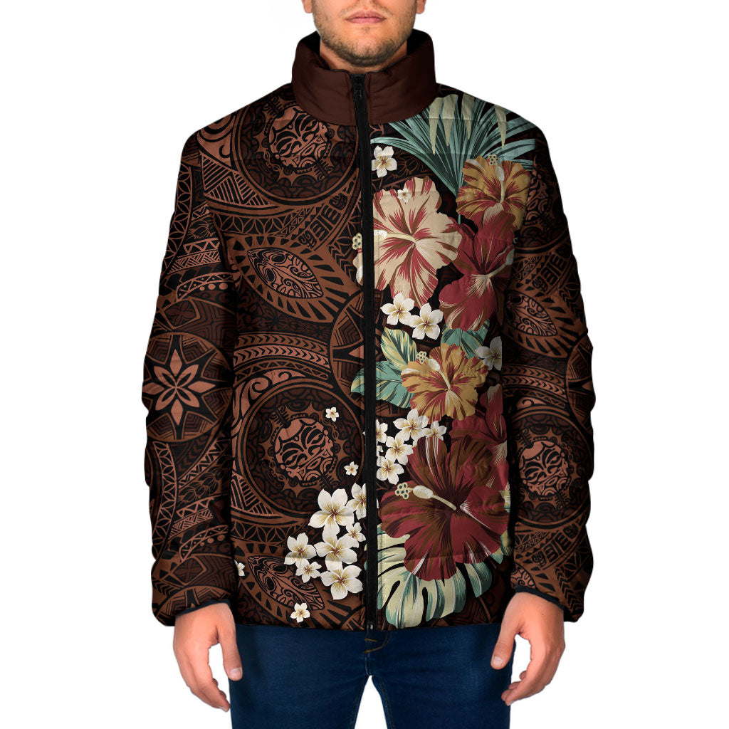 Kanoa Hawai'i Hibiscus Padded Jacket Polynesian Tribal Tattoo Pattern Floral Elements LT9 Men Brown - Polynesian Pride