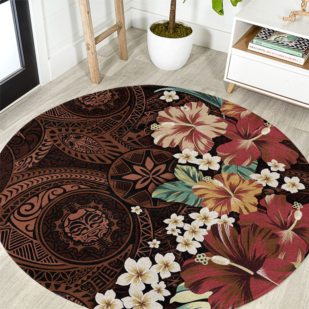 Kanoa Hawai'i Hibiscus Round Carpet Polynesian Tribal Tattoo Pattern Floral Elements LT9 Brown - Polynesian Pride