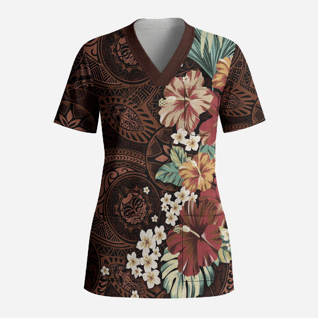 Kanoa Hawai'i Hibiscus Scrub Top Polynesian Tribal Tattoo Pattern Floral Elements LT9 Adult Brown - Polynesian Pride