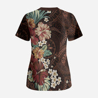 Kanoa Hawai'i Hibiscus Scrub Top Polynesian Tribal Tattoo Pattern Floral Elements