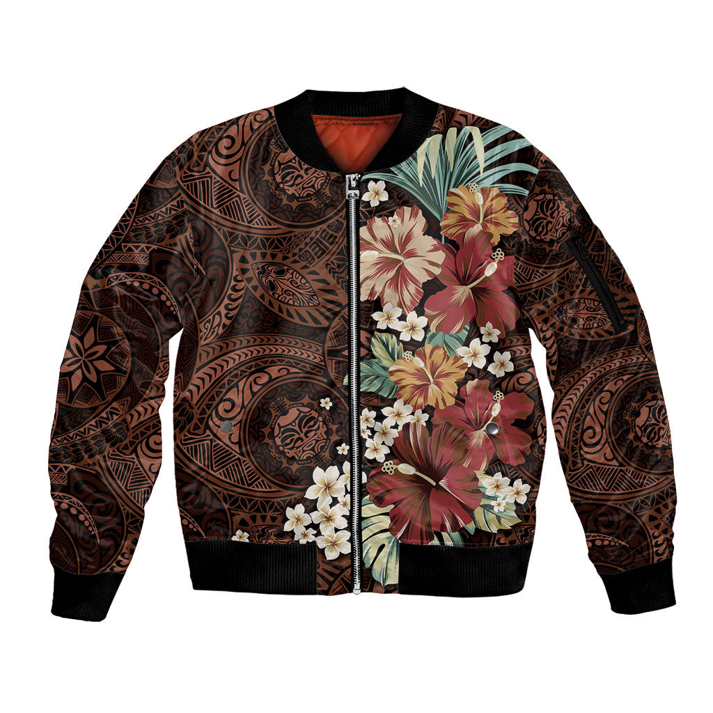 Kanoa Hawai'i Hibiscus Sleeve Zip Bomber Jacket Polynesian Tribal Tattoo Pattern Floral Elements