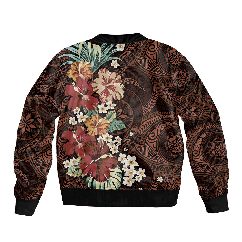 Kanoa Hawai'i Hibiscus Sleeve Zip Bomber Jacket Polynesian Tribal Tattoo Pattern Floral Elements