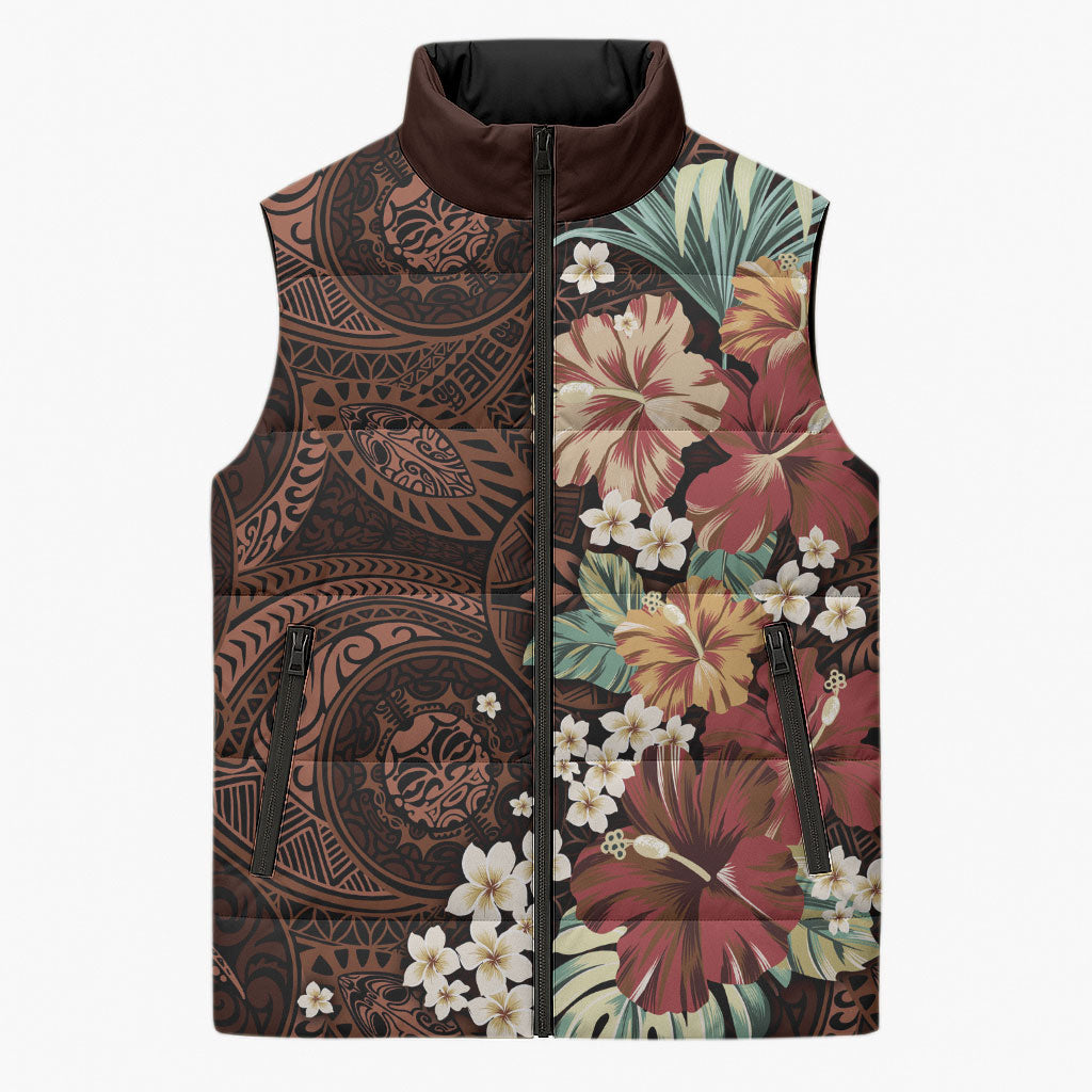 Kanoa Hawai'i Hibiscus Sleeveless Puffer Jacket Polynesian Tribal Tattoo Pattern Floral Elements