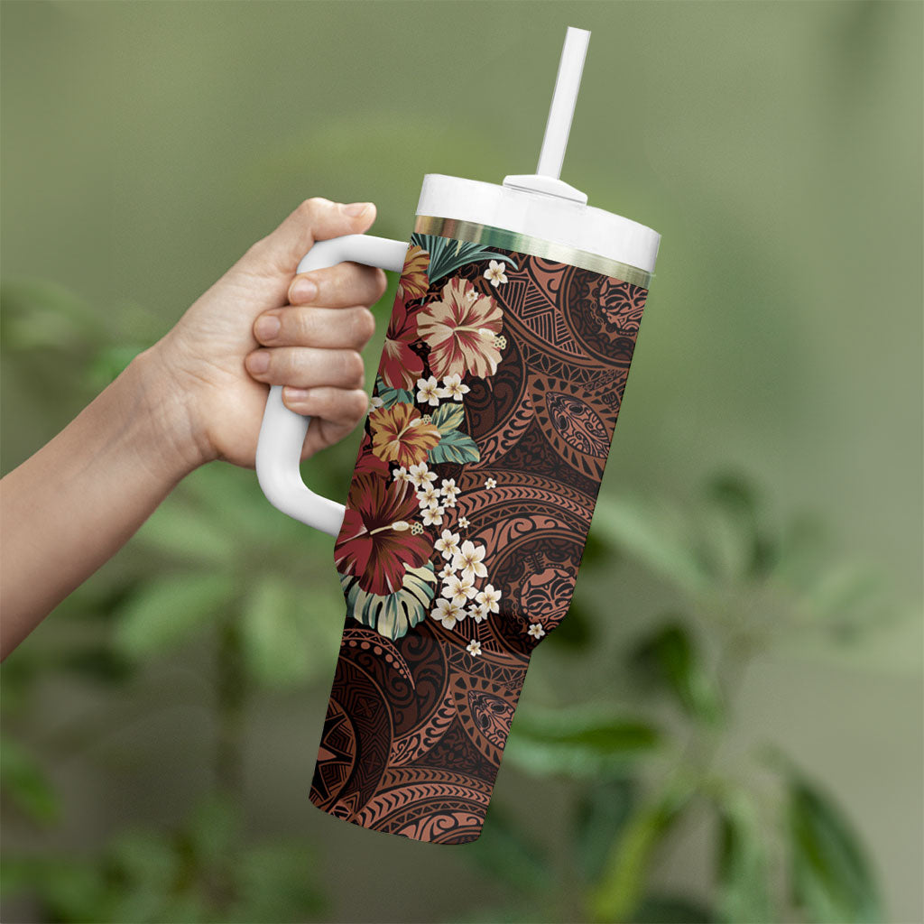 Kanoa Hawai'i Hibiscus Tumbler With Handle Polynesian Tribal Tattoo Pattern Floral Elements