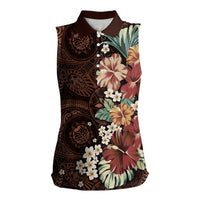 Kanoa Hawai'i Hibiscus Women Sleeveless Polo Shirt Polynesian Tribal Tattoo Pattern Floral Elements LT9 Female Brown - Polynesian Pride