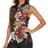 Kanoa Hawai'i Hibiscus Women Sleeveless Polo Shirt Polynesian Tribal Tattoo Pattern Floral Elements LT9 - Polynesian Pride