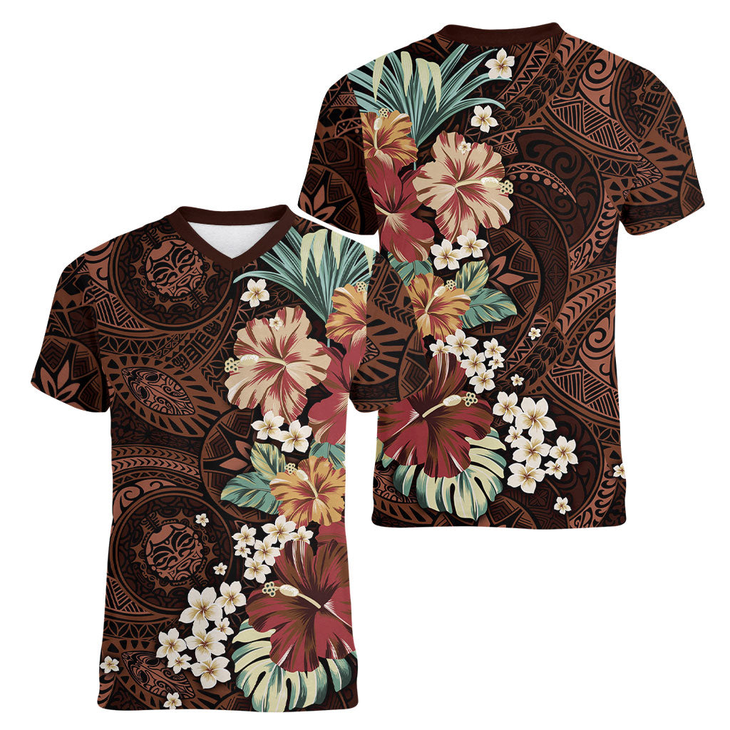 Kanoa Hawai'i Hibiscus Women V-Neck T-Shirt Polynesian Tribal Tattoo Pattern Floral Elements