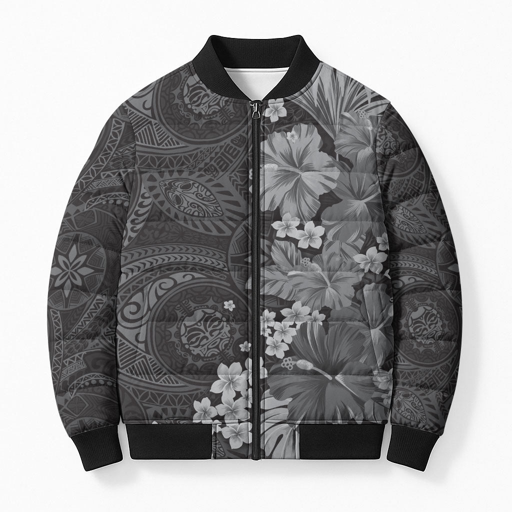 Pauli Hawai'i Hibiscus Bomber Puffer Jacket Polynesian Tribal Tattoo Pattern Floral Elements LT9 Unisex Soft Black - Polynesian Pride