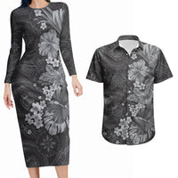 Pauli Hawai'i Hibiscus Couples Matching Long Sleeve Bodycon Dress and Hawaiian Shirt Polynesian Tribal Tattoo Pattern Floral Elements LT9 Soft Black - Polynesian Pride