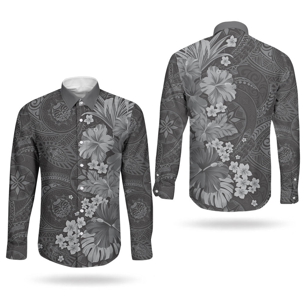 Pauli Hawai'i Hibiscus Couples Matching Long Sleeve Bodycon Dress and Long Sleeve Button Shirt Polynesian Tribal Tattoo Pattern Floral Elements LT9 - Polynesian Pride