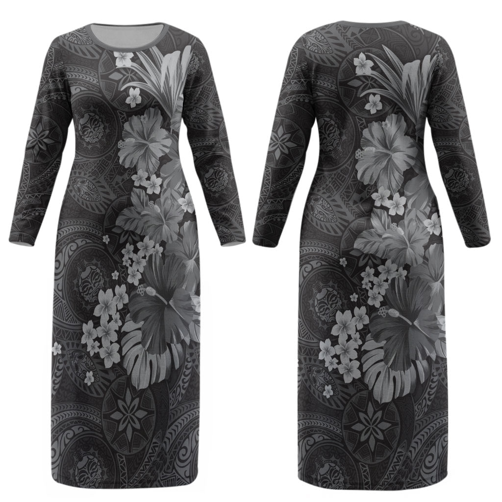 Pauli Hawai'i Hibiscus Couples Matching Long Sleeve Bodycon Dress and Long Sleeve Button Shirt Polynesian Tribal Tattoo Pattern Floral Elements LT9 - Polynesian Pride