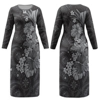 Pauli Hawai'i Hibiscus Couples Matching Long Sleeve Bodycon Dress and Long Sleeve Button Shirt Polynesian Tribal Tattoo Pattern Floral Elements LT9 - Polynesian Pride
