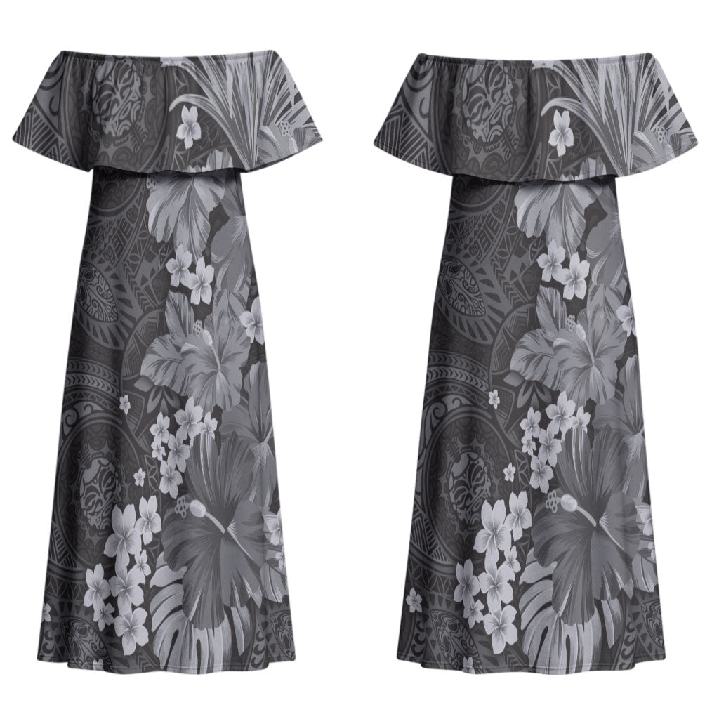 Pauli Hawai'i Hibiscus Couples Matching Off Shoulder Maxi Dress and Hawaiian Shirt Polynesian Tribal Tattoo Pattern Floral Elements