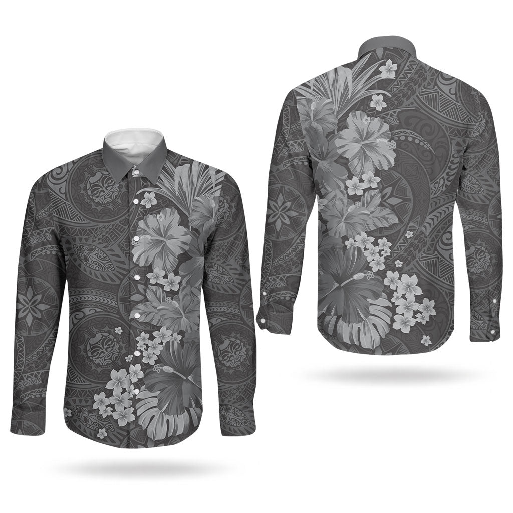 Pauli Hawai'i Hibiscus Couples Matching Off Shoulder Maxi Dress and Long Sleeve Button Shirt Polynesian Tribal Tattoo Pattern Floral Elements