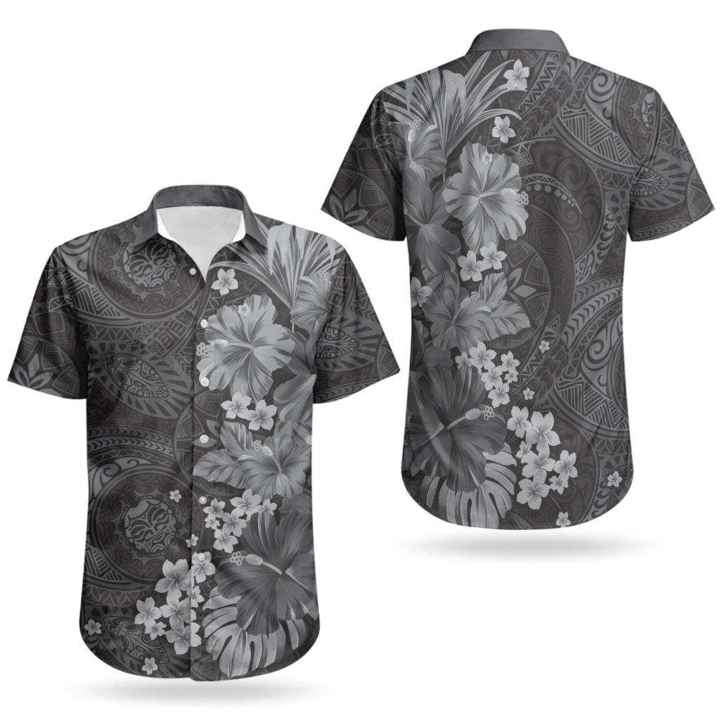 Pauli Hawai'i Hibiscus Couples Matching Off The Shoulder Long Sleeve Dress and Hawaiian Shirt Polynesian Tribal Tattoo Pattern Floral Elements