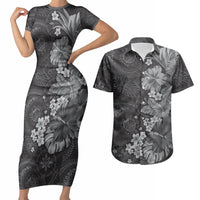 Pauli Hawai'i Hibiscus Couples Matching Short Sleeve Bodycon Dress and Hawaiian Shirt Polynesian Tribal Tattoo Pattern Floral Elements LT9 Soft Black - Polynesian Pride