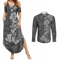 Pauli Hawai'i Hibiscus Couples Matching Summer Maxi Dress and Long Sleeve Button Shirt Polynesian Tribal Tattoo Pattern Floral Elements LT9 Soft Black - Polynesian Pride