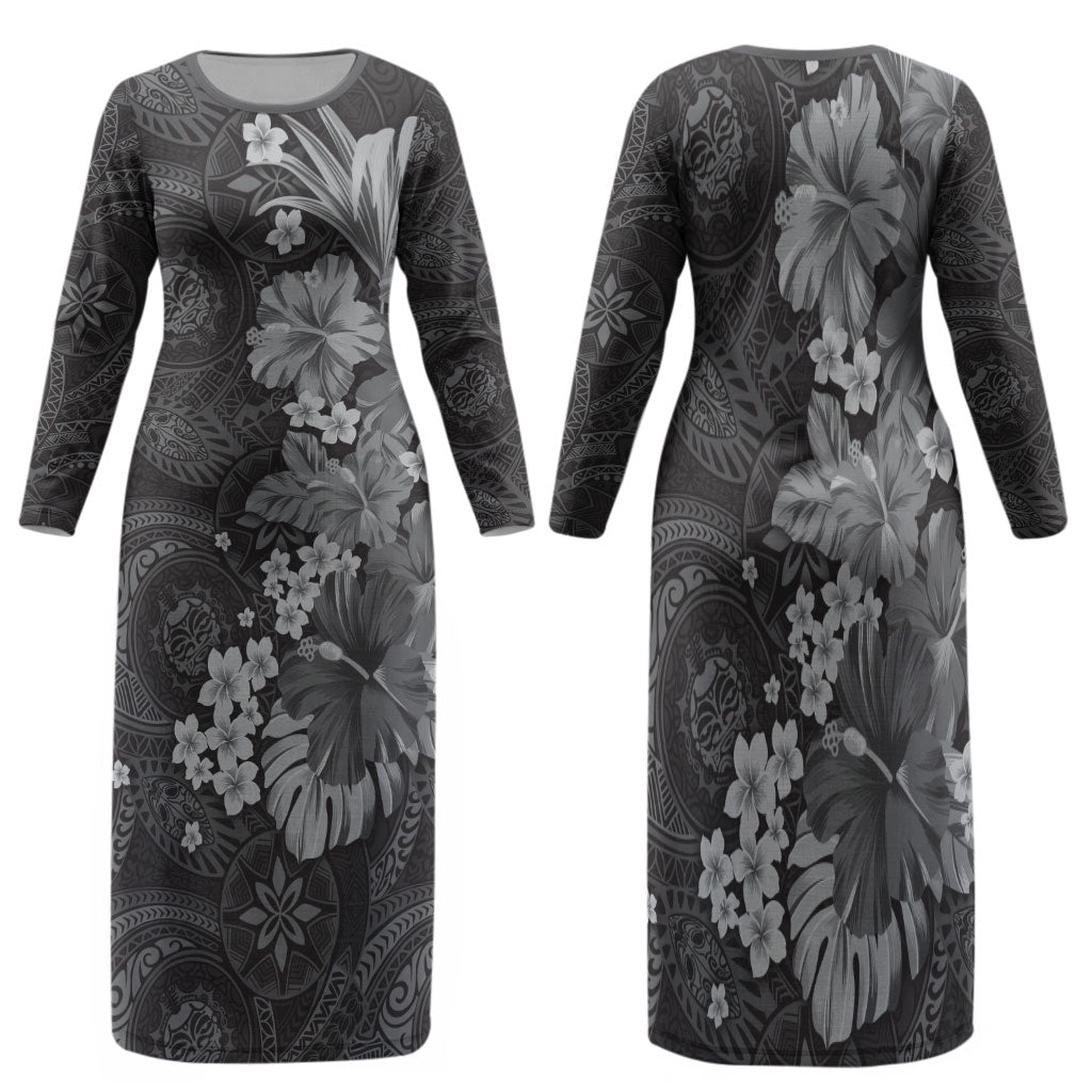 Pauli Hawai'i Hibiscus Family Matching Long Sleeve Bodycon Dress and Hawaiian Shirt Polynesian Tribal Tattoo Pattern Floral Elements LT9 Mom's Dress Soft Black - Polynesian Pride