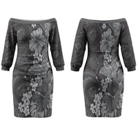 Pauli Hawai'i Hibiscus Family Matching Off The Shoulder Long Sleeve Dress and Hawaiian Shirt Polynesian Tribal Tattoo Pattern Floral Elements LT9 Mom's Dress Soft Black - Polynesian Pride