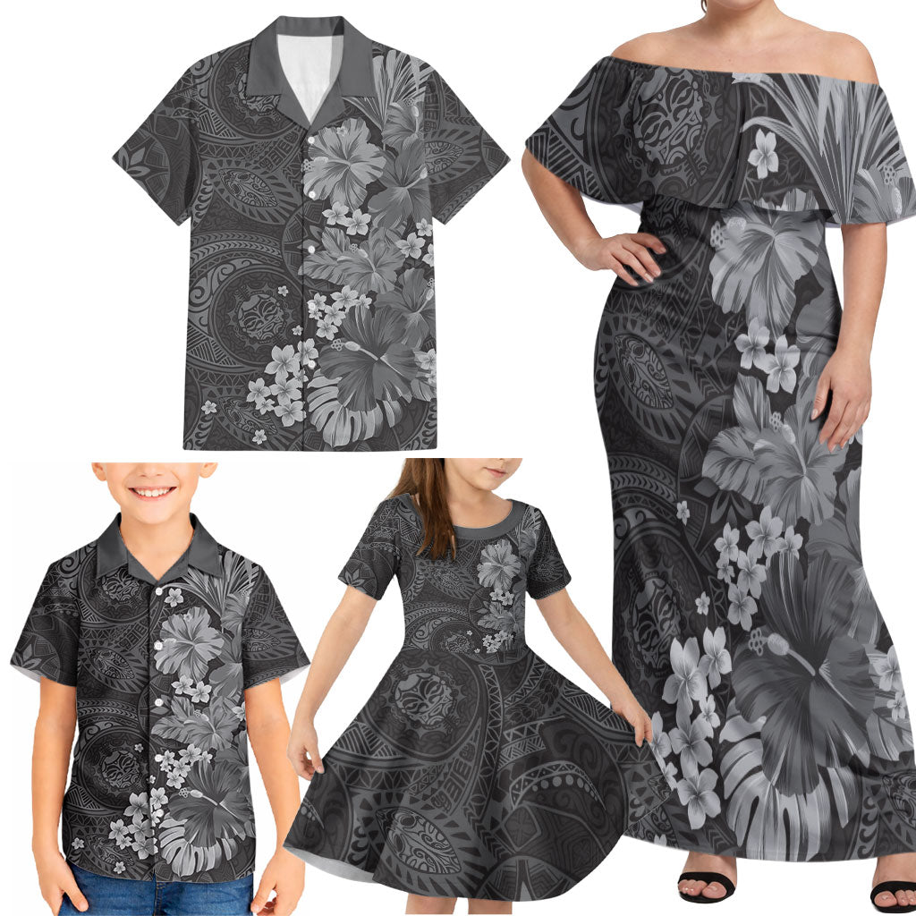 Pauli Hawai'i Hibiscus Family Matching Off Shoulder Maxi Dress and Hawaiian Shirt Polynesian Tribal Tattoo Pattern Floral Elements LT9 - Polynesian Pride