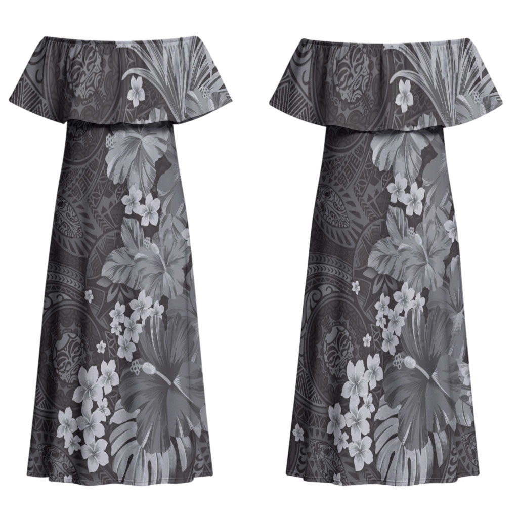 Pauli Hawai'i Hibiscus Family Matching Off Shoulder Maxi Dress and Hawaiian Shirt Polynesian Tribal Tattoo Pattern Floral Elements LT9 Mom's Dress Soft Black - Polynesian Pride