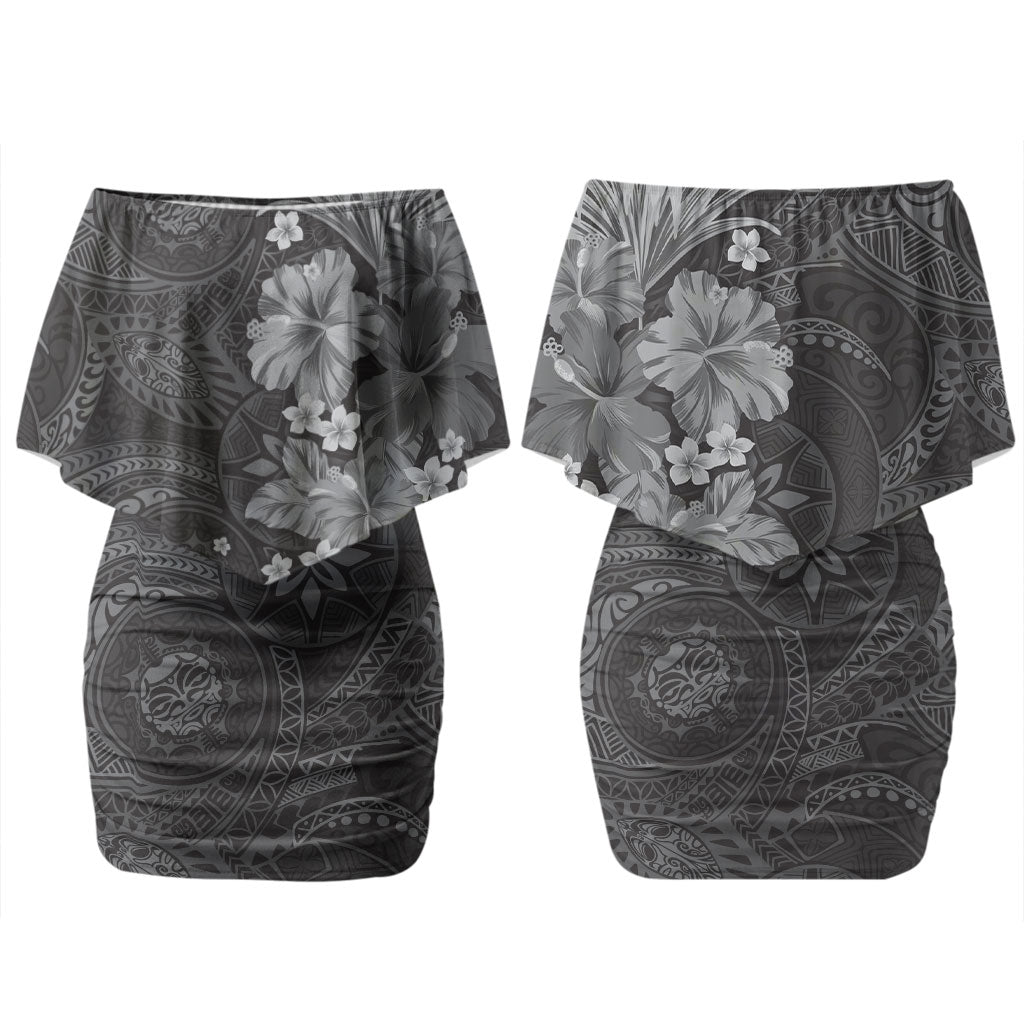 Pauli Hawai'i Hibiscus Family Matching Off Shoulder Short Dress and Hawaiian Shirt Polynesian Tribal Tattoo Pattern Floral Elements LT9 Mom's Dress Soft Black - Polynesian Pride