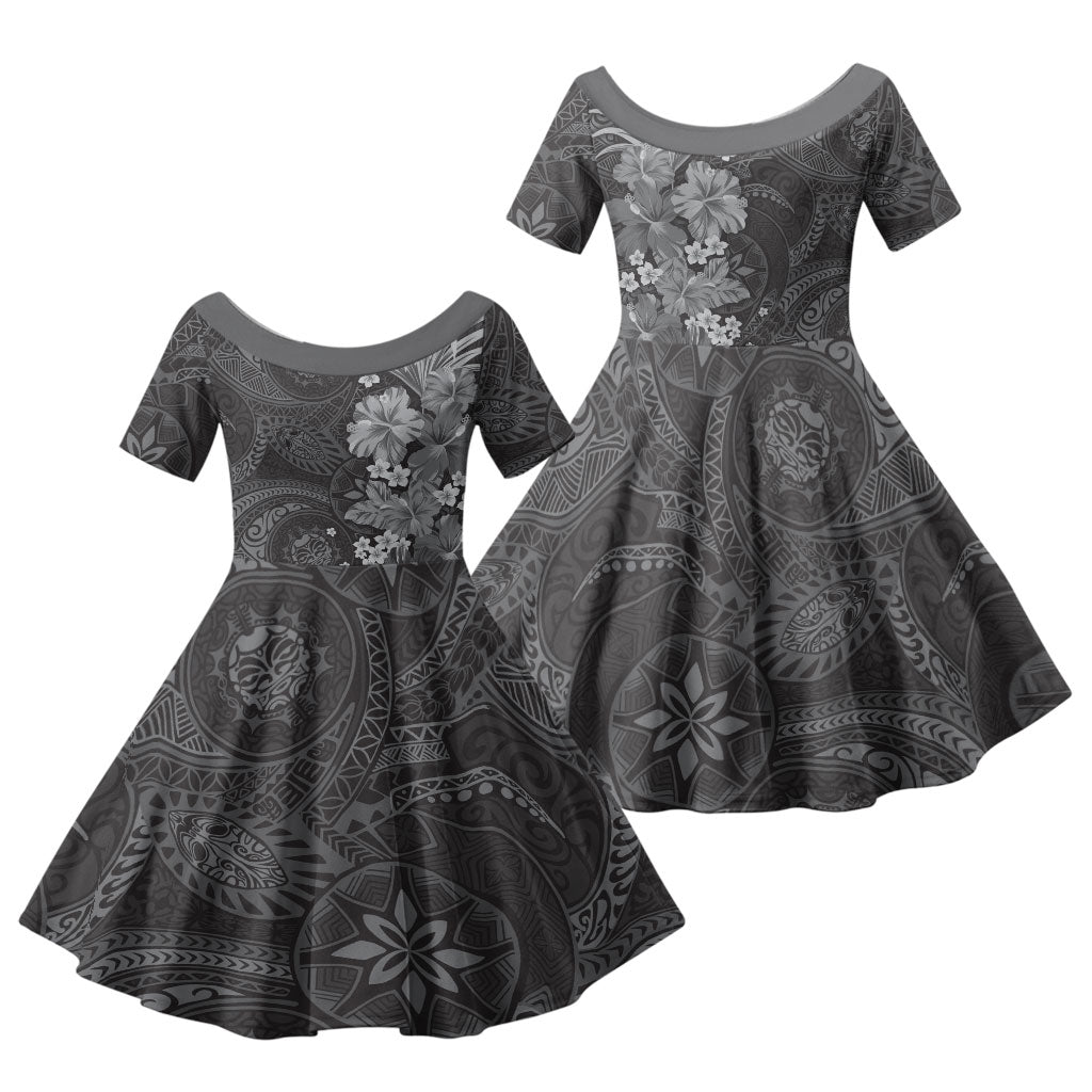 Pauli Hawai'i Hibiscus Family Matching Off Shoulder Short Dress and Hawaiian Shirt Polynesian Tribal Tattoo Pattern Floral Elements LT9 Daughter's Dress Soft Black - Polynesian Pride