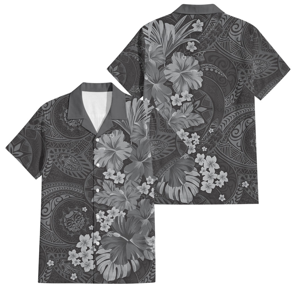Pauli Hawai'i Hibiscus Family Matching Summer Maxi Dress and Hawaiian Shirt Polynesian Tribal Tattoo Pattern Floral Elements LT9 Dad's Shirt - Short Sleeve Soft Black - Polynesian Pride
