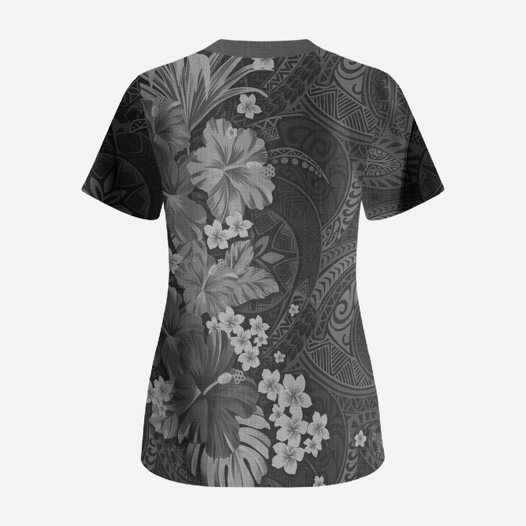Pauli Hawai'i Hibiscus Scrub Top Polynesian Tribal Tattoo Pattern Floral Elements