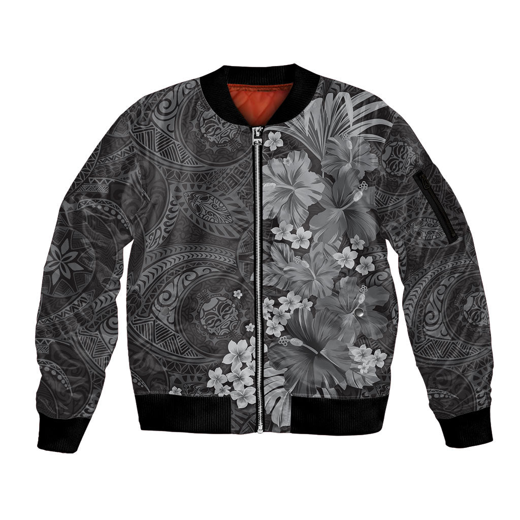 Pauli Hawai'i Hibiscus Sleeve Zip Bomber Jacket Polynesian Tribal Tattoo Pattern Floral Elements