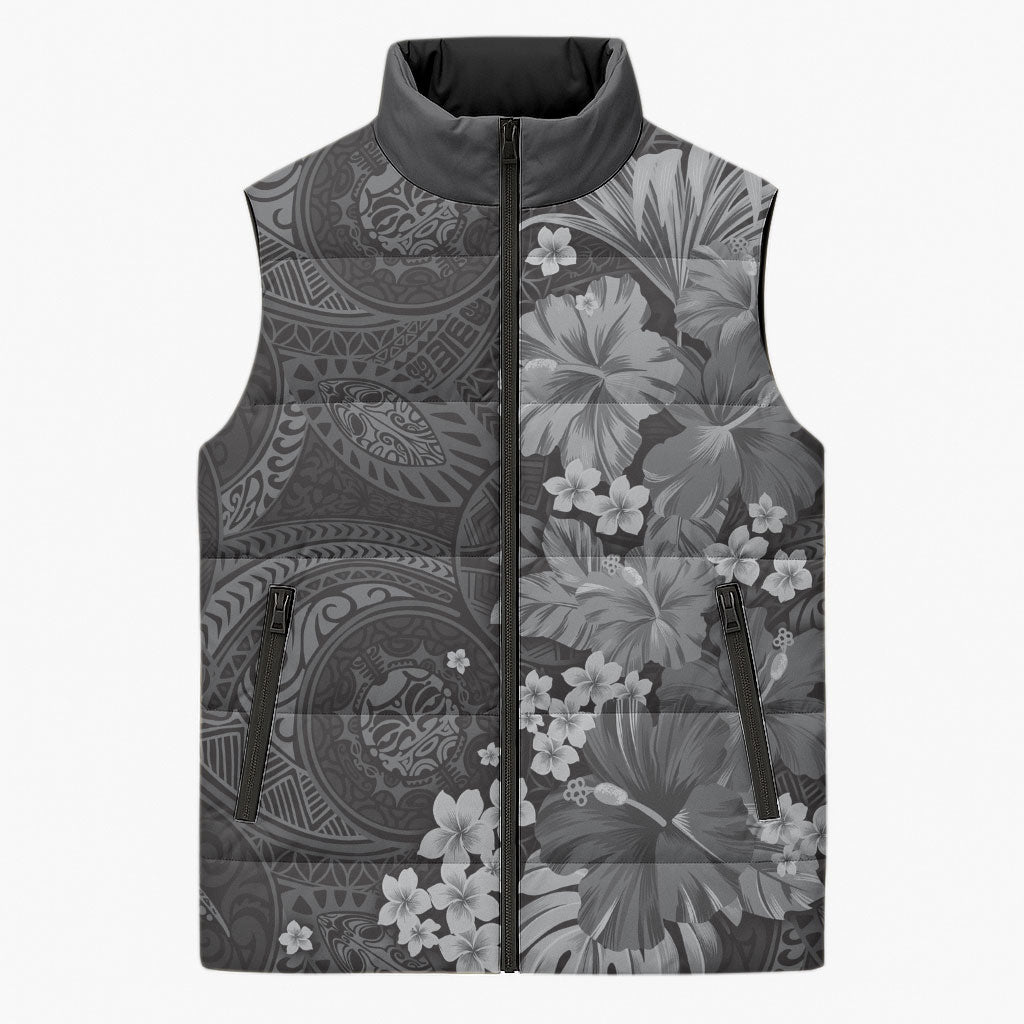 Pauli Hawai'i Hibiscus Sleeveless Puffer Jacket Polynesian Tribal Tattoo Pattern Floral Elements LT9 Unisex Soft Black - Polynesian Pride