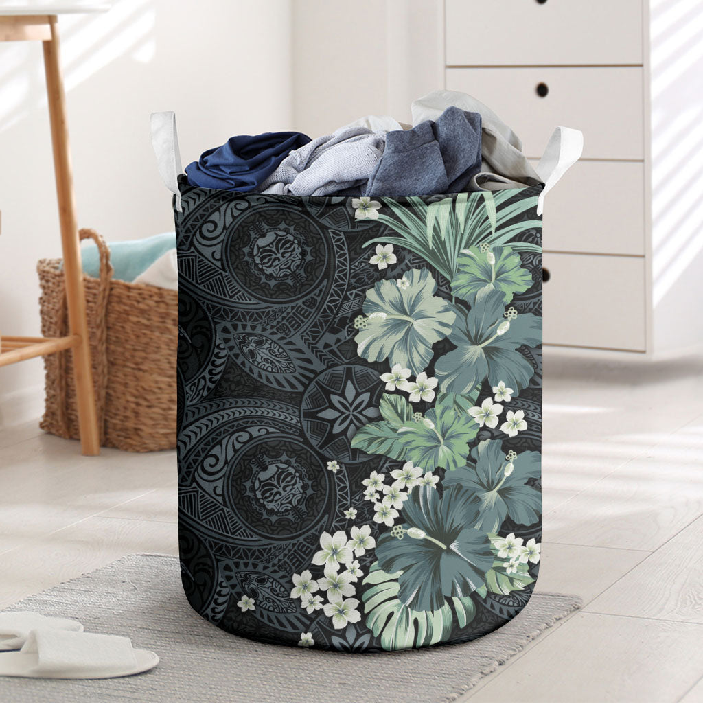 Pauliuli Hawai'i Hibiscus Laundry Basket Polynesian Tribal Tattoo Pattern Floral Elements LT9 Charcoal Blue - Polynesian Pride