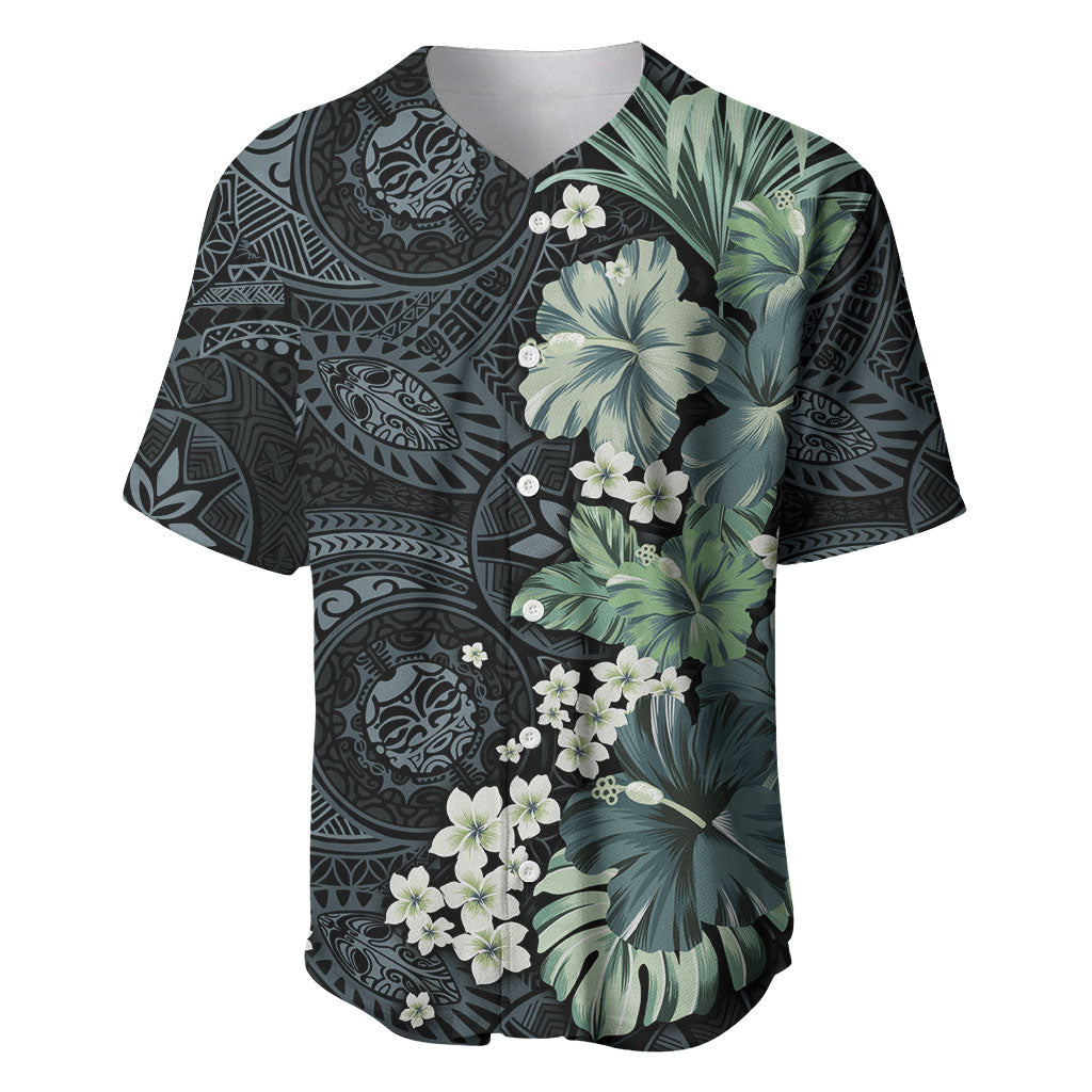 Pauliuli Hawai'i Hibiscus Baseball Jersey Polynesian Tribal Tattoo Pattern Floral Elements LT9 Charcoal Blue - Polynesian Pride