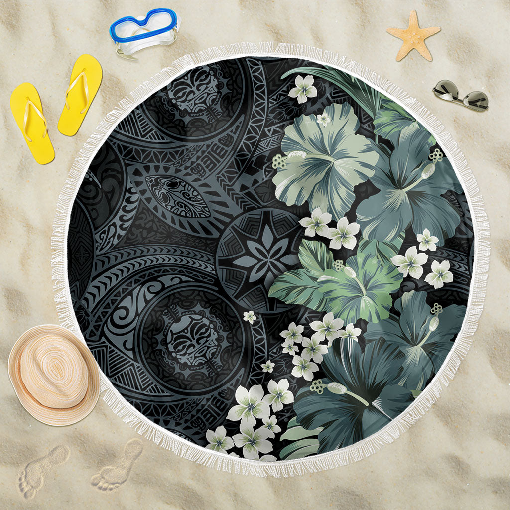 Pauliuli Hawai'i Hibiscus Beach Blanket Polynesian Tribal Tattoo Pattern Floral Elements LT9 One Size 150cm Charcoal Blue - Polynesian Pride