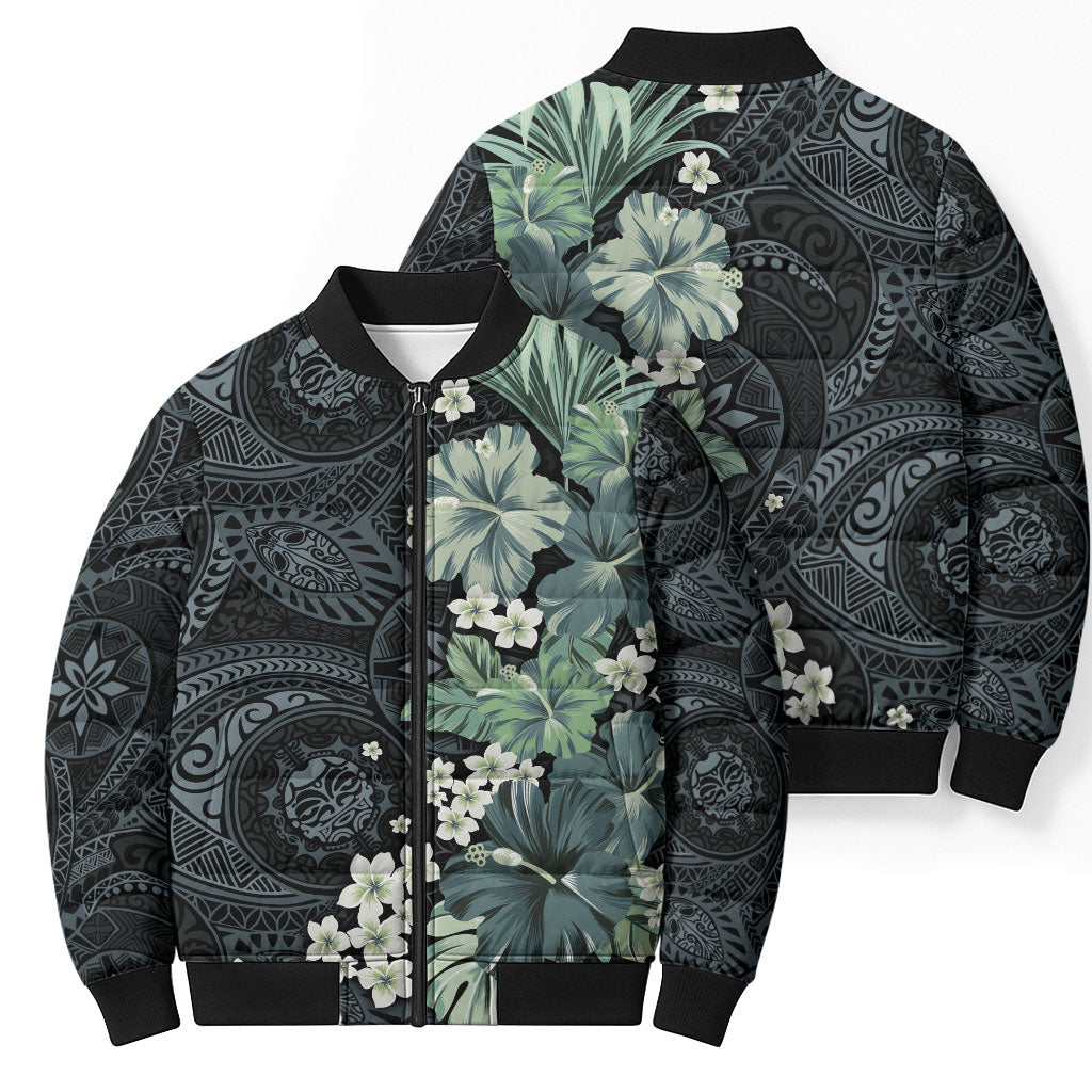 Pauliuli Hawai'i Hibiscus Bomber Puffer Jacket Polynesian Tribal Tattoo Pattern Floral Elements