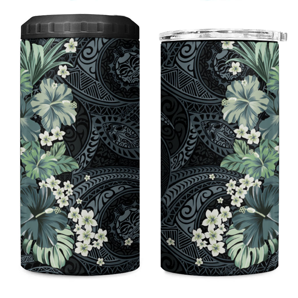 Pauliuli Hawai'i Hibiscus 4 in 1 Can Cooler Tumbler Polynesian Tribal Tattoo Pattern Floral Elements